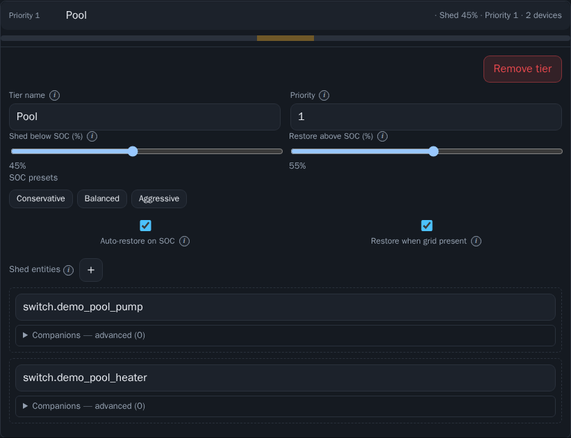 Load-shedding tier editor with multiple entities